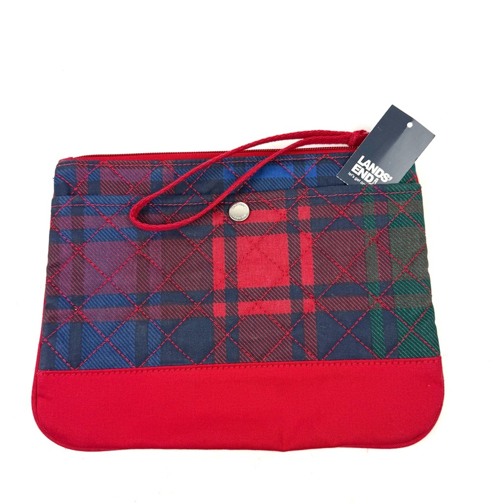 Lands End Wristlet Festive Plaid Red Clutch Deep Sea Navy Brand New